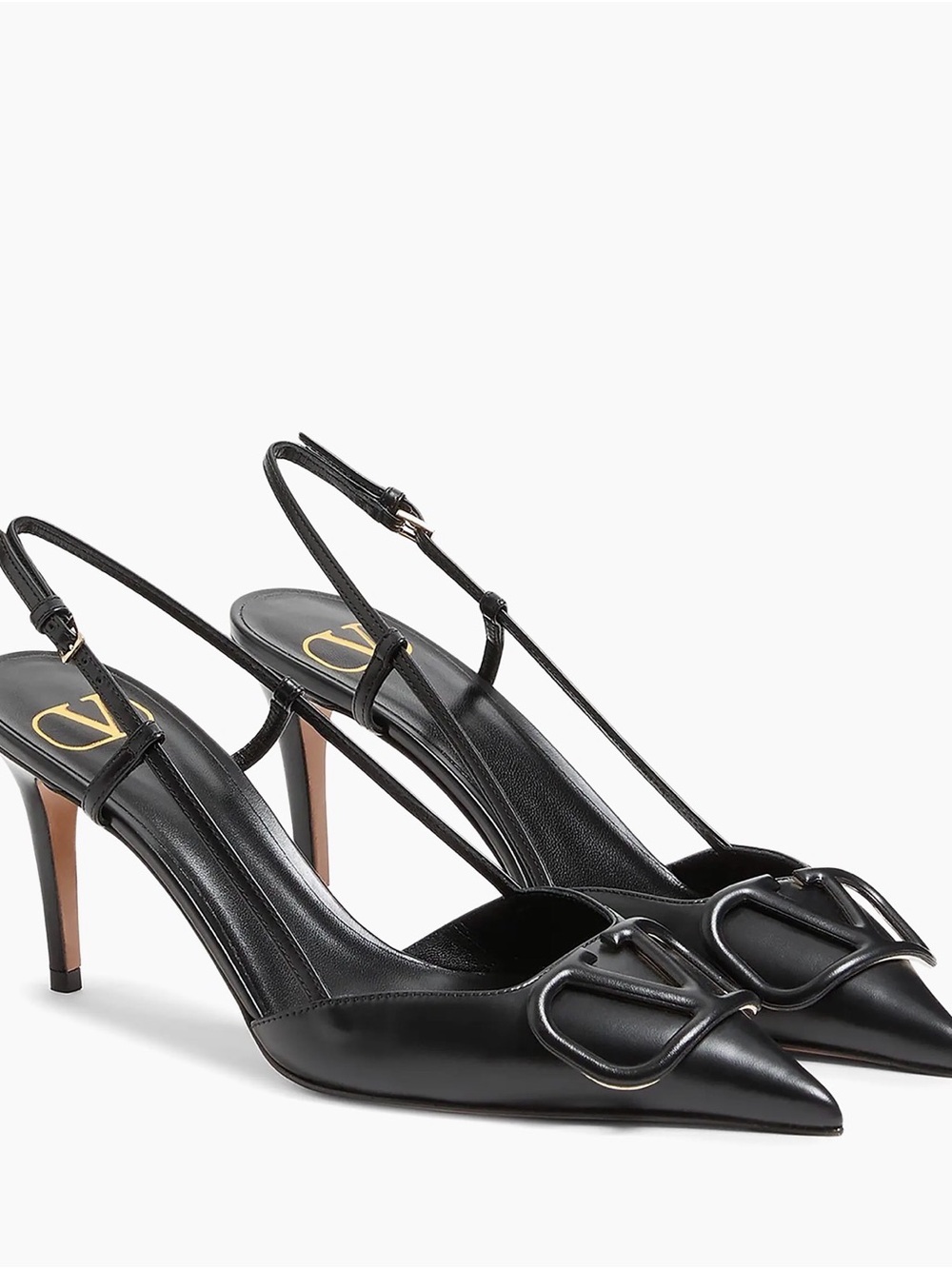 Valentino Black Pointed Leather Slingback Heels with Logo Buckle